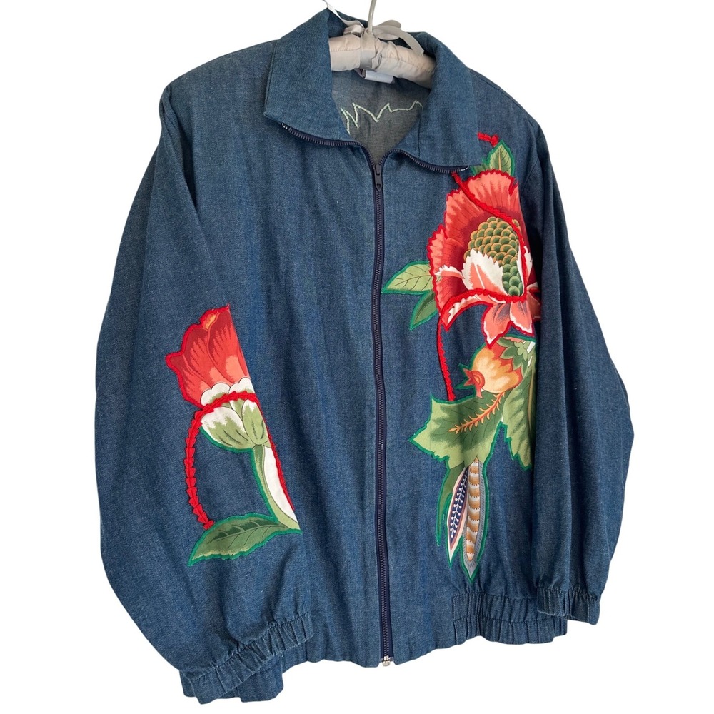 Vintage Southern Stitches Denim‎ Appliqué Embroidered Bomber Jacket Womens M USA - Picture 2 of 5